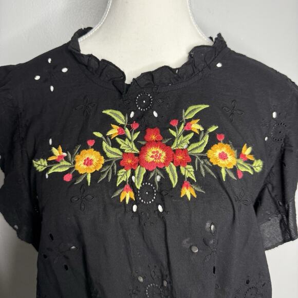 Free People Black Embroidered Eyelet Ruffle Sleeve Blouse Women’s Size L – Boho - Picture 2 of 5